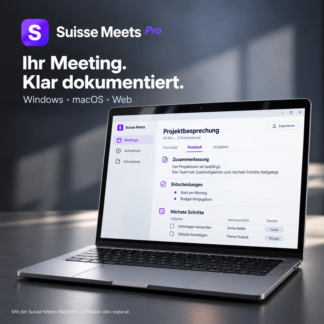 Suisse Meets am Laptop mit Zusammenfassung, Entscheidungen und nächsten Schritten