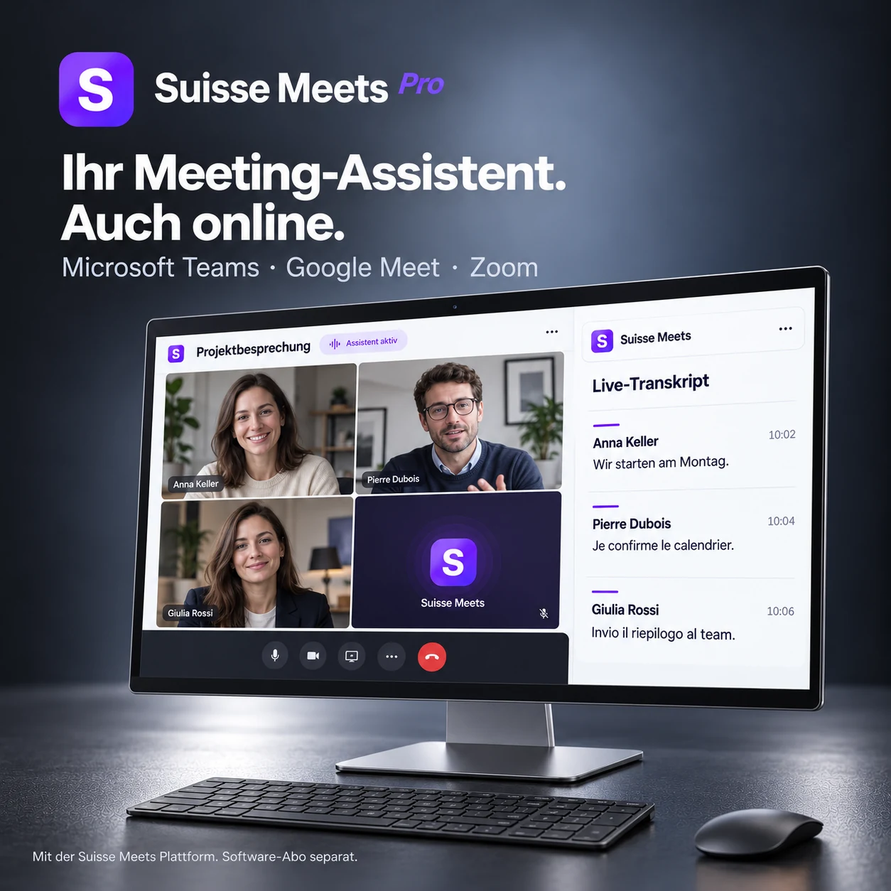 Suisse Meets Meeting-Assistent als Teilnehmer einer Videokonferenz mit Live-Transkript