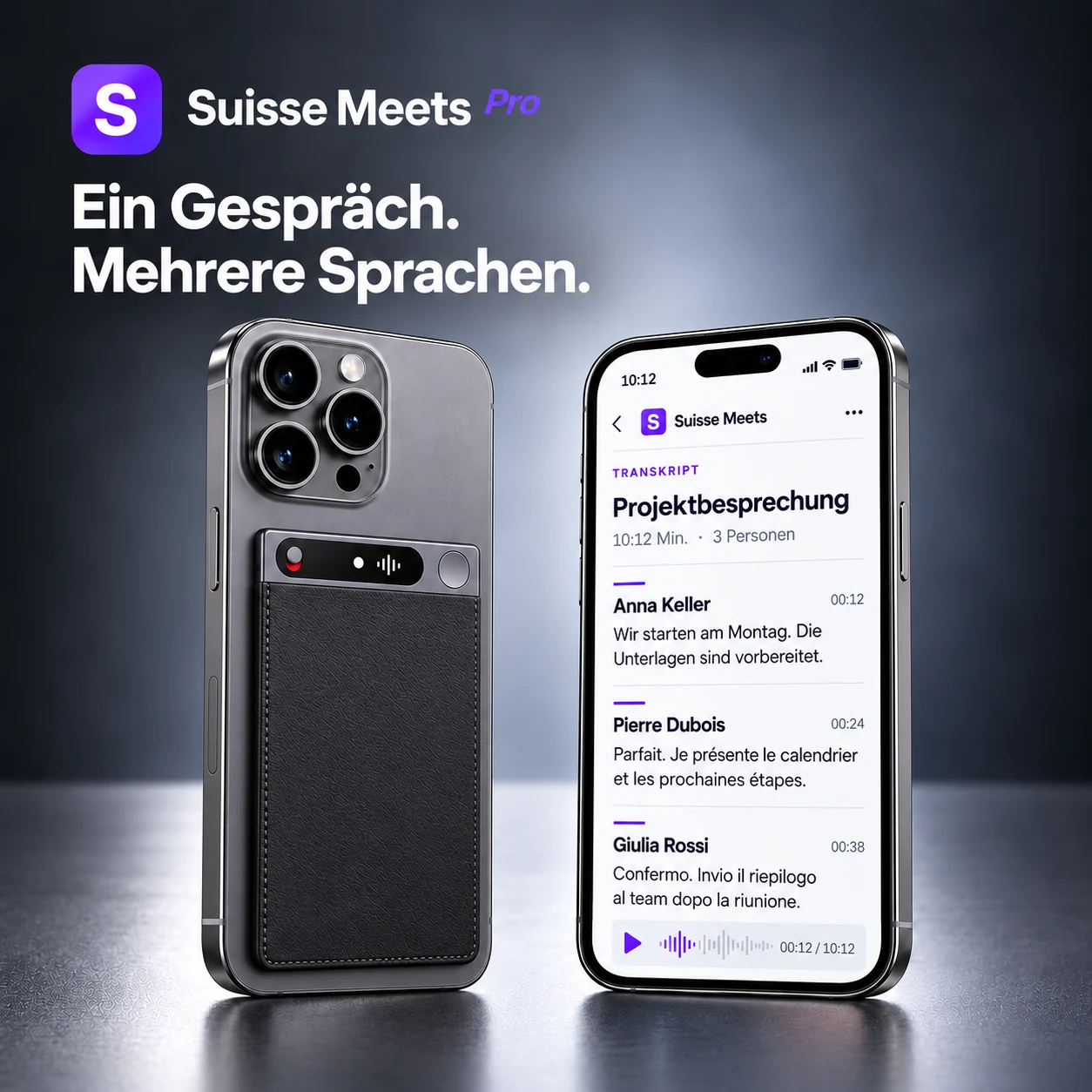 Suisse Meets Pro im dünnen Magnetetui am Smartphone und daneben das mehrsprachige Transkript mit getrennten Sprechern