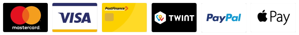 Mastercard, Visa, PostFinance, Twint, PayPal, Apple Pay